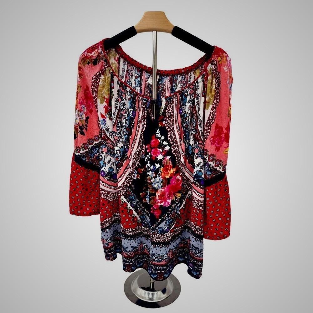 BillaBong Boho Floral Paisley‎ Peasant Blouse Red Pink Navy Bell Sleeve Top